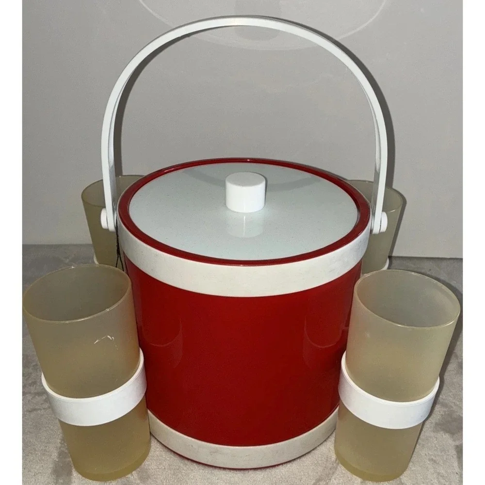 Shelton Ware Ice Bucket Cup Holders Red‎ White Durlane Cups Vintage *flaws